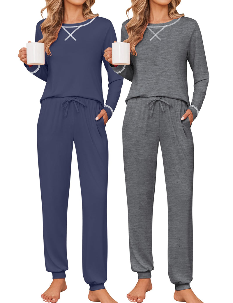 Ekouaer 2 Pack Pajama Sets for Women Long Sleeves Lounge Set Jogger Pants