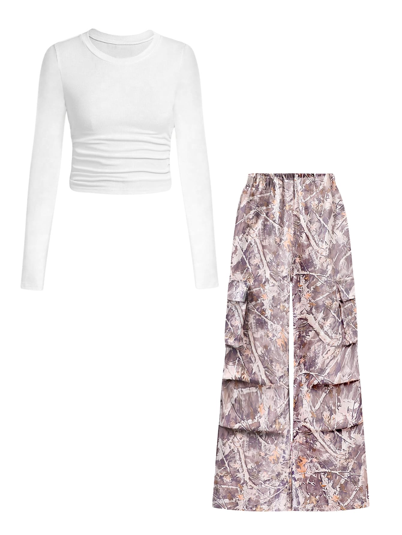 Azmxynol Girls Clothes 2 Piece Outfit Ribbed T-Shirt Top + Cargo Pants, Girls Fall Clothing Set, Sizes 5-16 Years