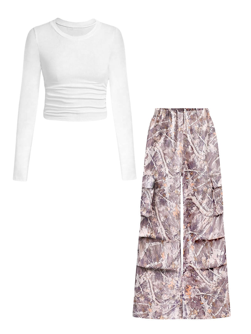 Azmxynol Girls Clothes 2 Piece Outfit Ribbed T-Shirt Top + Cargo Pants, Girls Fall Clothing Set, Sizes 5-16 Years