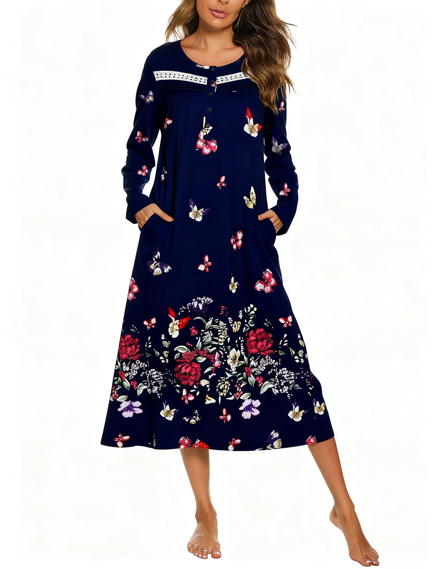 YOZLY Nightgowns for Women Soft Cotton Long Sleeve Night Gwon with Pockets-35