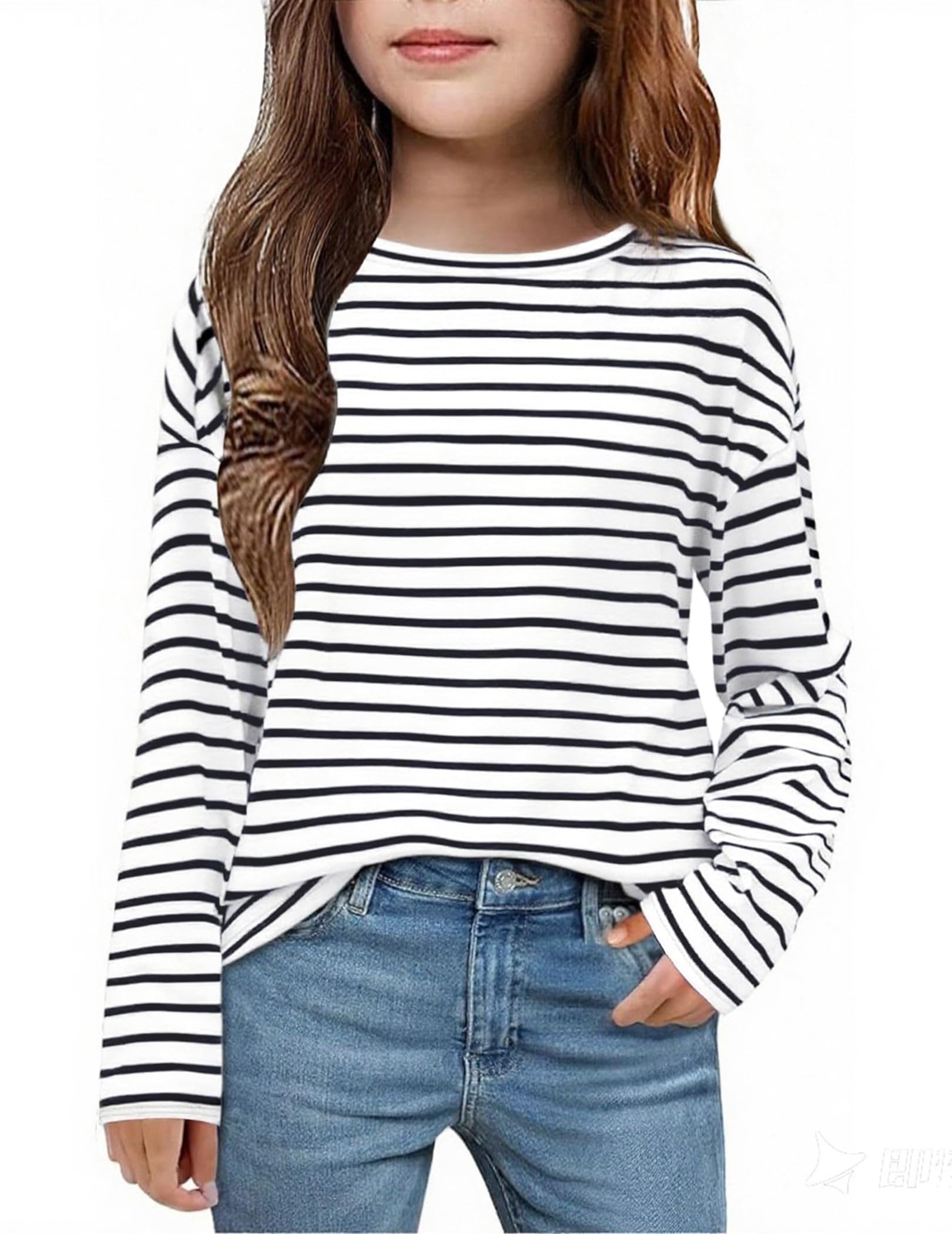 Arshiner Girls Striped Long Sleeve Shirts Drop Shoulder Casual Fashionable Crewneck Blouse Tee Tops