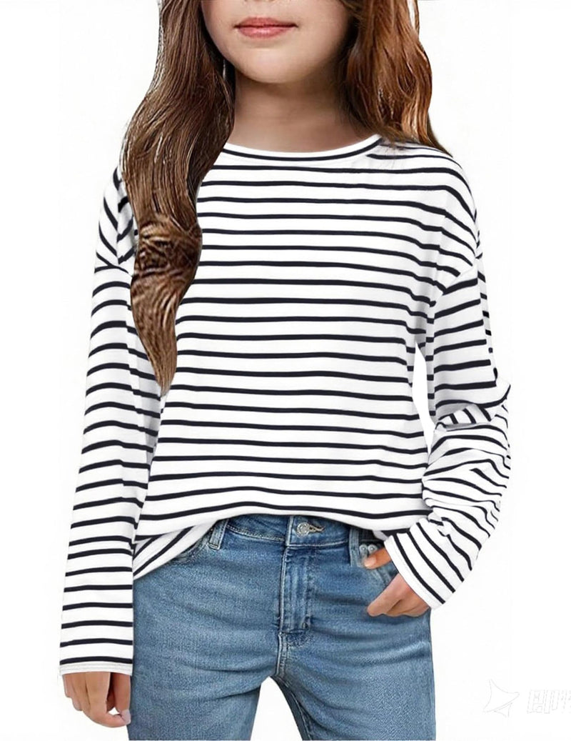 Arshiner Girls Striped Long Sleeve Shirts Drop Shoulder Casual Fashionable Crewneck Blouse Tee Tops