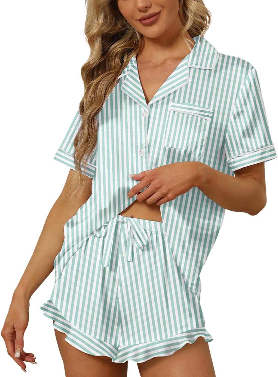 SAPJON Satin Silk Pajamas for Women 2Pcs Ruffle Notch Collar Sleepwear Button Down Short Sleeve Shorts Pjs Set Loungewear-41