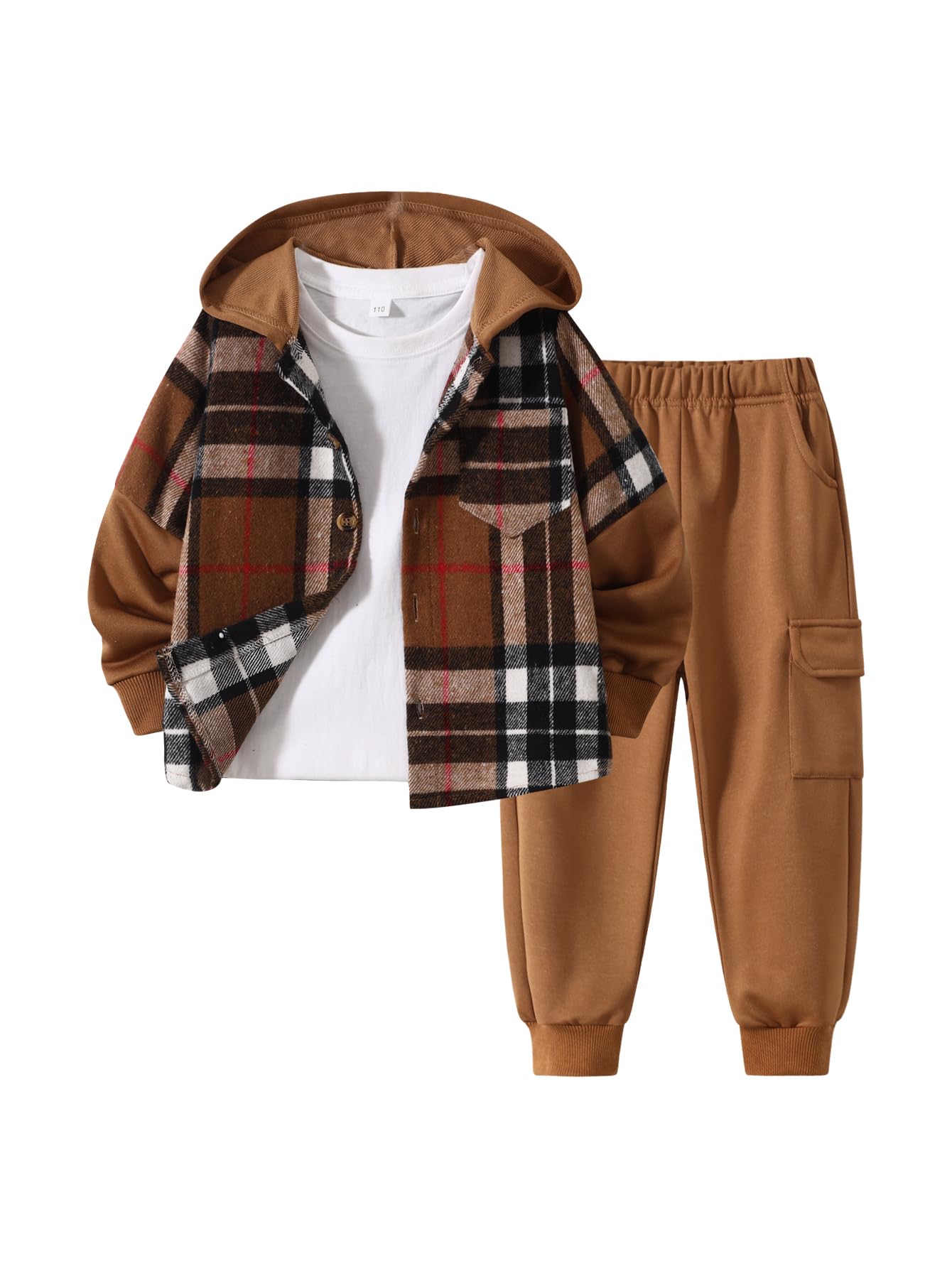 Fdqin 2Pcs Kids Boys Flannel Plaid Shirt Tops Pants Set Hoodie Sweatsuit for Fall Winter Spring Outfits 4-12 Years