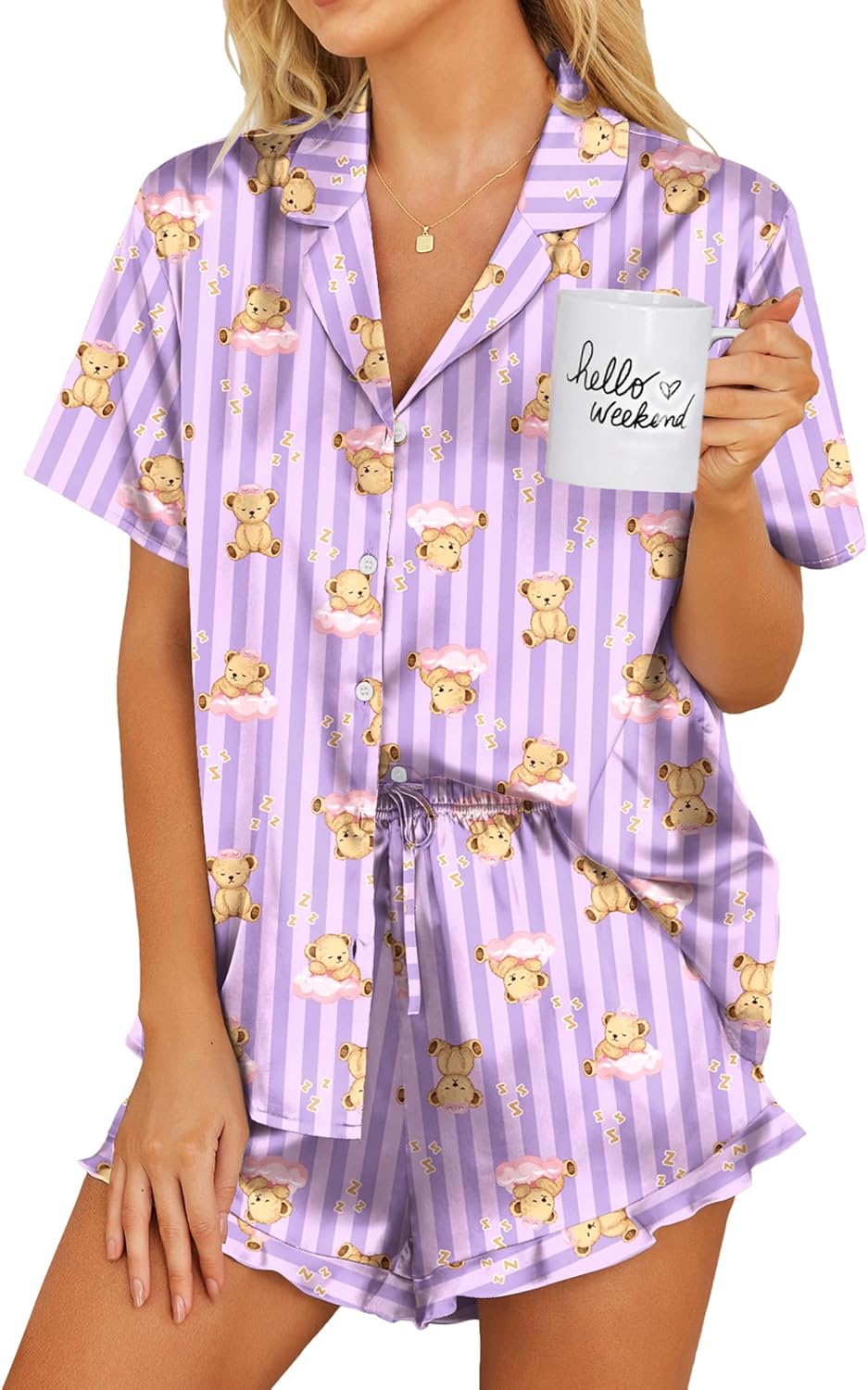 Ekouaer Womens Satin Pajamas Set Button Down 2 Piece Silk Pjs Shorts Set Ruffle Lingerie Notch Collar Sleepwear-90