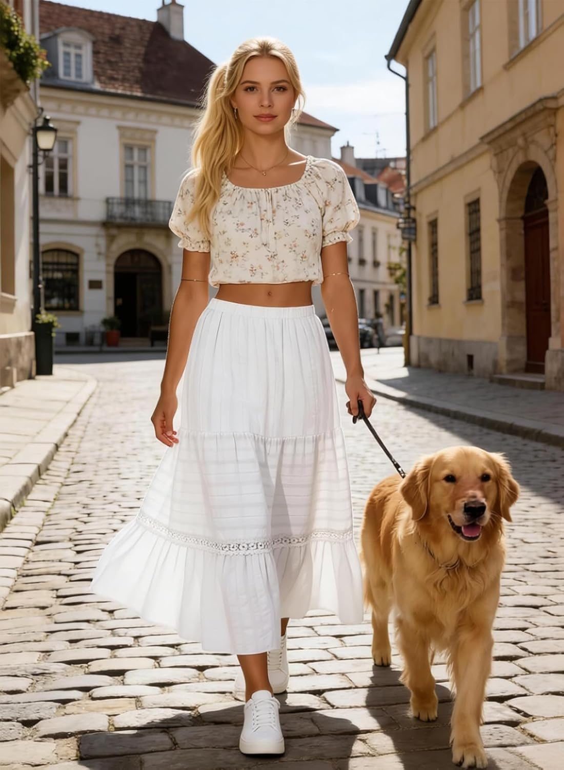 BLENCOT Long Skirts for Women Boho Crochet Lace High Waisted A-Line Cotton Tiered Maxi Skirt