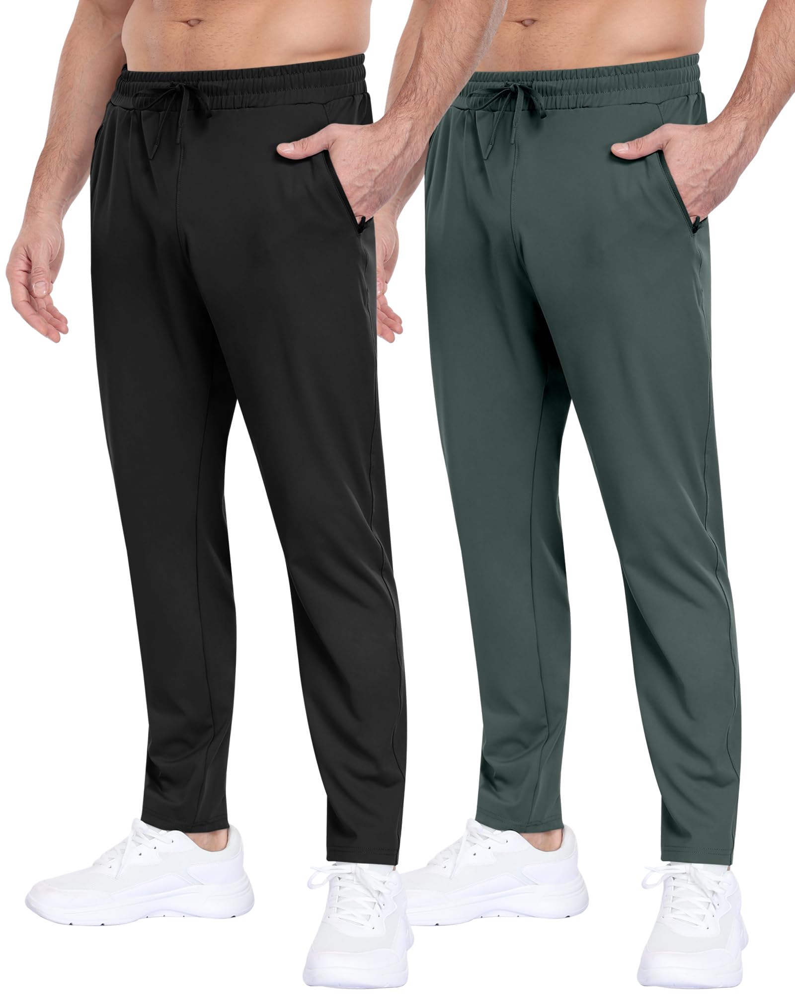2 Pack Mens Fleece Lined Pants with Zipper Pockets,Winter Athletic Workout Warm Running Joggers Sweatpants for Men