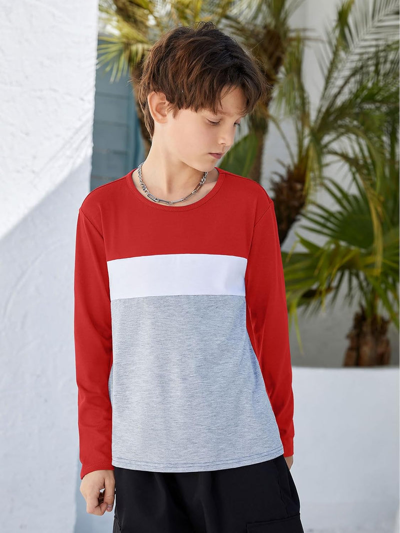 ZDC Kids Boys Long Sleeve T-Shirts Color Block Crewneck Fashion Basic Tee Tops 5-14 Years