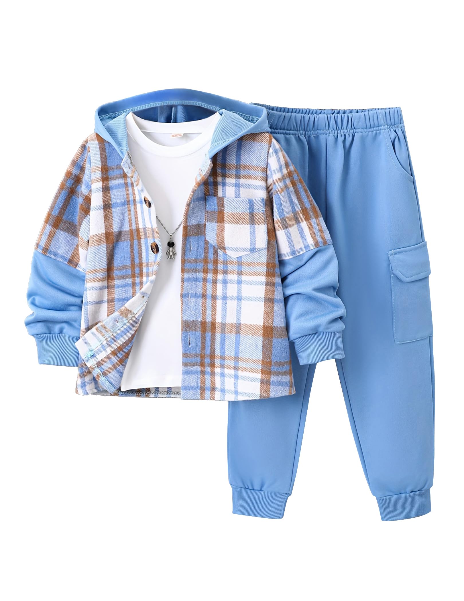 Fdqin 2Pcs Kids Boys Flannel Plaid Shirt Tops Pants Set Hoodie Sweatsuit for Fall Winter Spring Outfits 4-12 Years