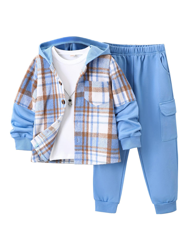 Fdqin 2Pcs Kids Boys Flannel Plaid Shirt Tops Pants Set Hoodie Sweatsuit for Fall Winter Spring Outfits 4-12 Years