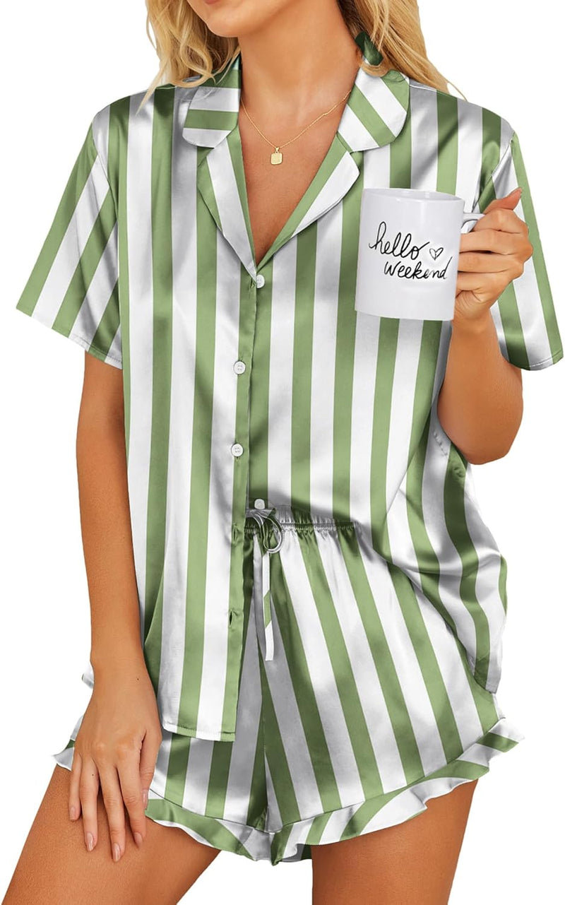 Ekouaer Womens Satin Pajamas Set Button Down 2 Piece Silk Pjs Shorts Set Ruffle Lingerie Notch Collar Sleepwear-99