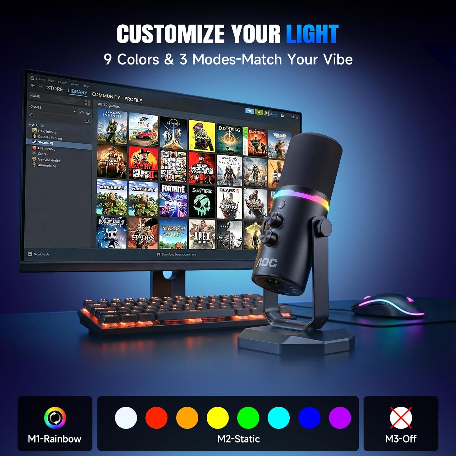 AOC USB/XLR Dynamic Microphone for Podcast Recording, PC Gaming Streaming Mic with RGB Light, Vocal Mic for Singing, Mute Button, Headphone Jack, Desktop Stand (Includes XLR Cable)