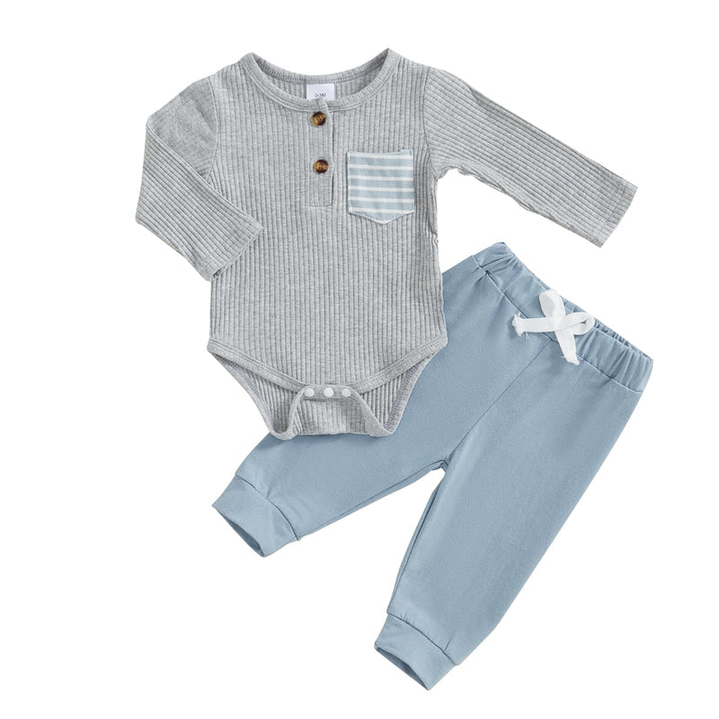 fhutpw Baby Boy Clothes 3 6 12 18 Months Ribbed Knitted Long Sleeve Romper and Pants Sets Newborn Fall Splicing Color Outfits