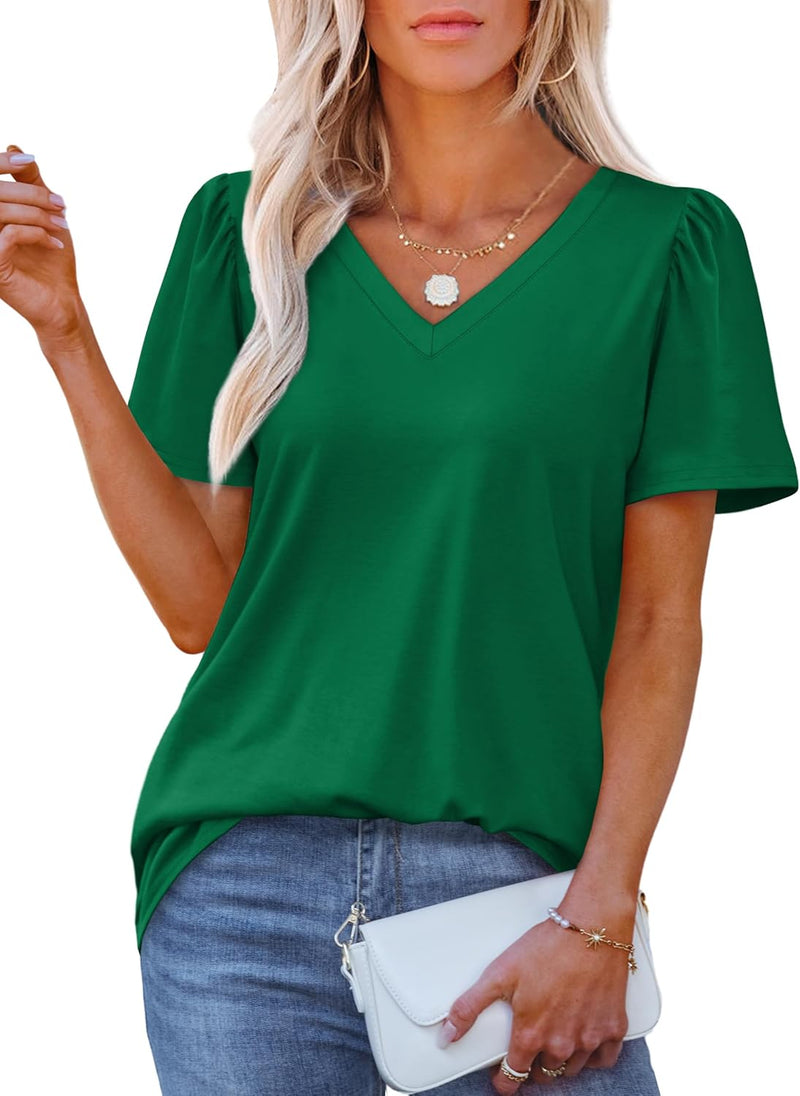 OFEEFAN T Shirts for Women V Neck Dressy Casual Blouses Puff Short Sleeve Summer Tops Loose Fit-42