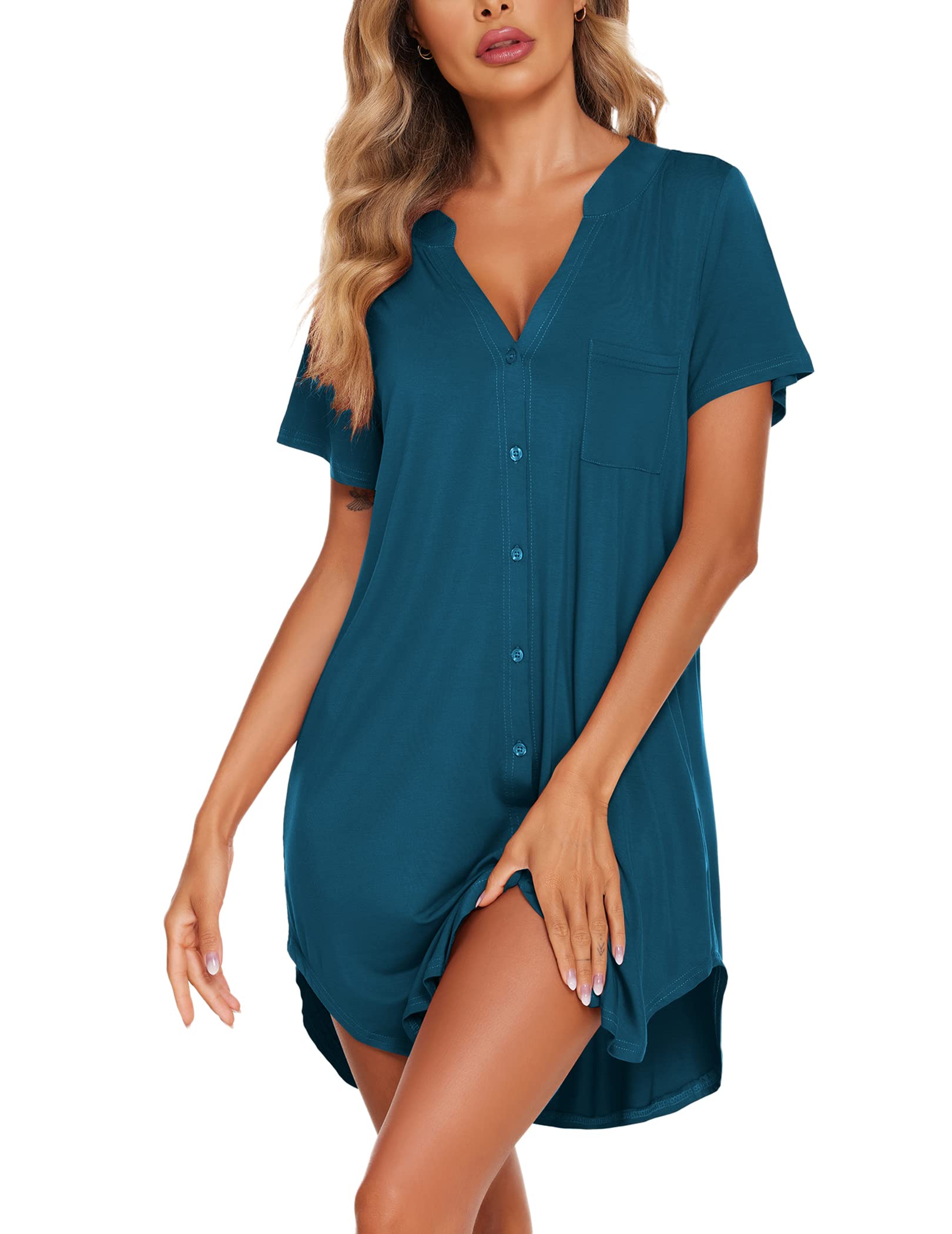 Ekouaer Women V Neck Button Down Nightgown-92