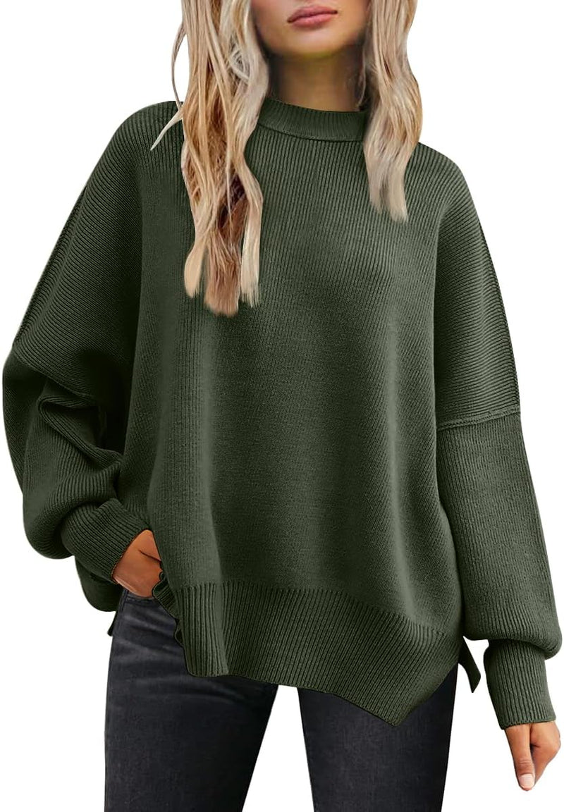 LILLUSORY Women's Oversized Batwing Sweaters 2025 Fall Outfits Trendy Crewneck Knit Side Slit Fashion Pullover Tops-98
