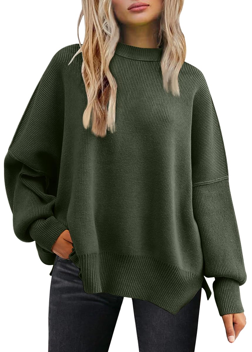 LILLUSORY Women's Oversized Batwing Sweaters 2025 Fall Outfits Trendy Crewneck Knit Side Slit Fashion Pullover Tops-80