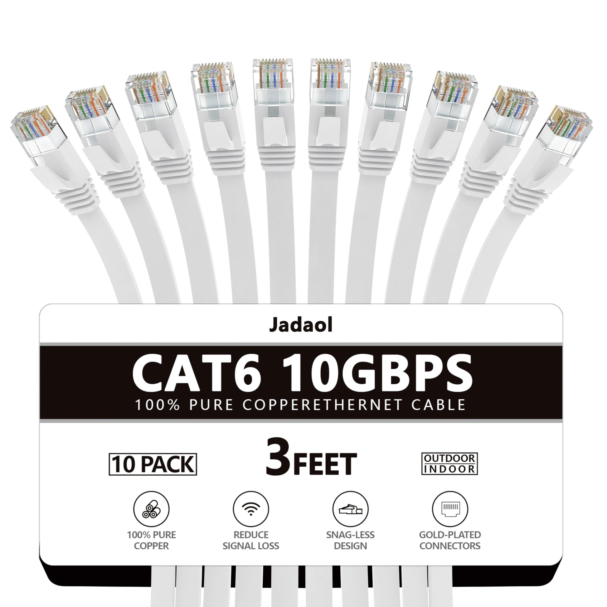 Jadaol Cat 6 Ethernet Cable 50 ft, 10Gbps Support Cat8 Cat7 Network, Flat RJ45 LAN Patch Cable, High-Speed Wired Internet Cable for Router, Modem, Switch, Gaming Consoles, PC, Streaming Devices, White