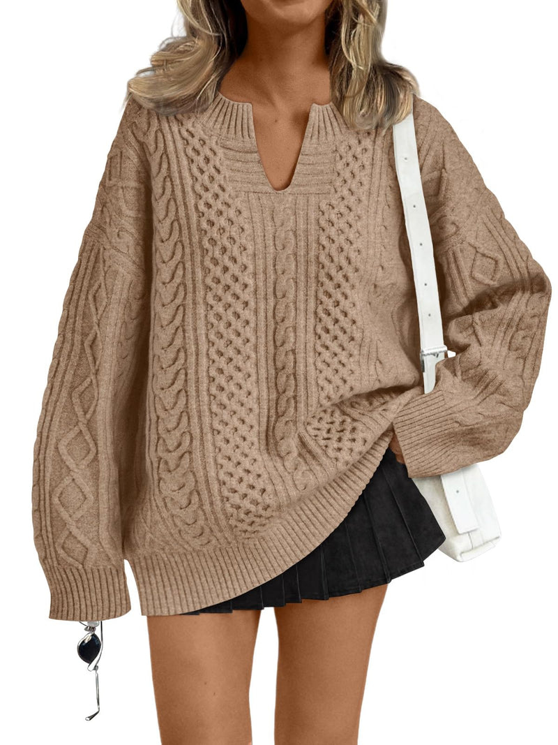 Trendy Queen V Neck Oversized Cable Knit Sweaters for Women Trendy 2025 Fall Fashion Outfits Clothes Winter Clothing-13