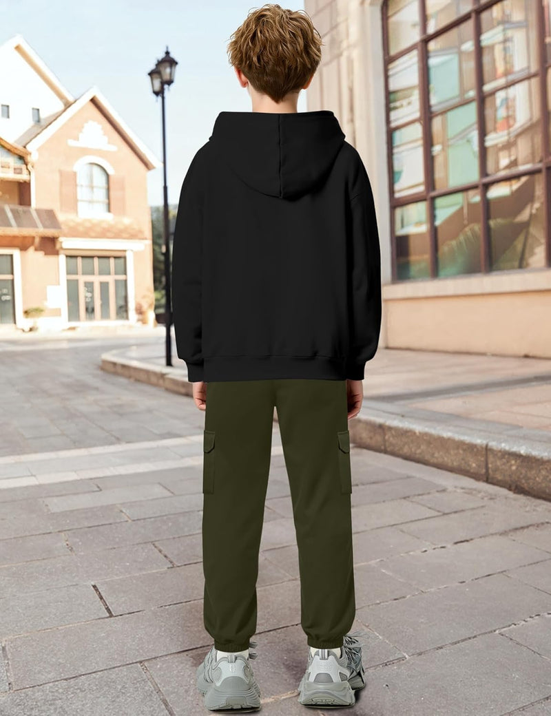 Hipea Boys Clothes Long Sleeve Hooded with Chest Pocket Cargo Pants with Side Pockets 2PCS Sets