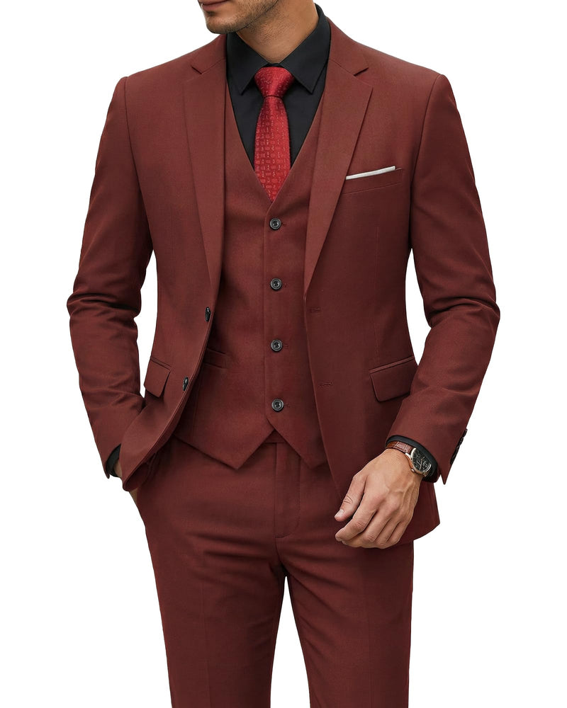 YND Men's 3 Piece Suit Set with Tie, 2 Button Slim Fit Solid Blazer Jacket Vest Pants, Business Wedding Party Suits for Men-52