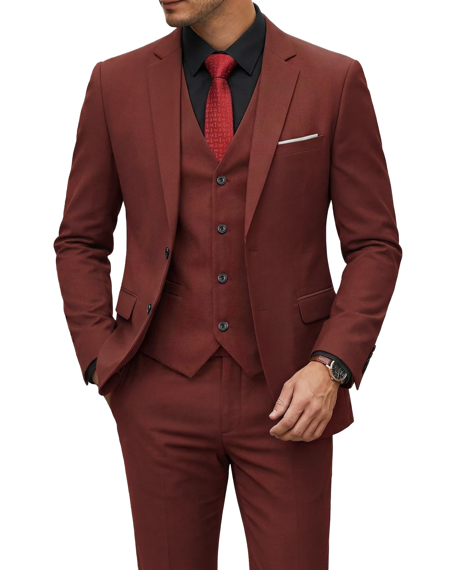 YND Men's 3 Piece Suit Set with Tie, 2 Button Slim Fit Solid Blazer Jacket Vest Pants, Business Wedding Party Suits for Men-56