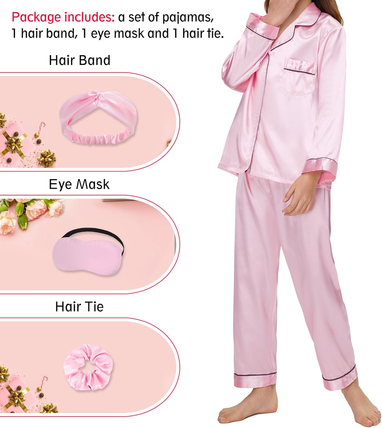 EPLAZA Kids Satin Pajamas Sets Girls Boys Button-Down Silky Pajamas Sleepwear with Hairband Eye Mask Hair Tie