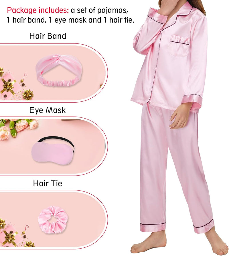 EPLAZA Kids Satin Pajamas Sets Girls Boys Button-Down Silky Pajamas Sleepwear with Hairband Eye Mask Hair Tie