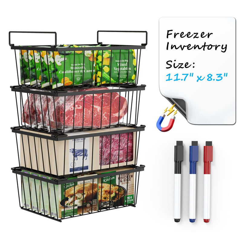 iSPECLE Freezer Organizer Bins - Storage Baskets for 5 Cu.Ft, 4 Pack | Easy Food Access, Stackable Wire Storage, Vertical Space for Frozen Food, Sorts Meat, Vegetables and Bagged Items, Home