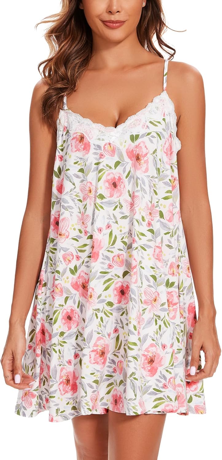 Nightgowns for Women Sexy Lace Sleepwear V Neck Short Night Gowns Sleeveless Chemise Nighty-44