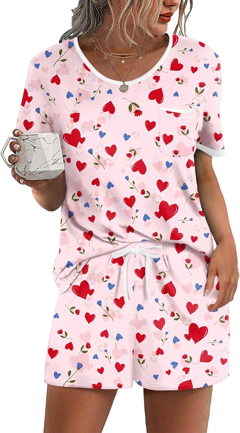 Ekouaer Pajama Set for Women 2 Piece Lounge Set Short Sleeve Tops and Shorts Soft Sleepwear, Chest Pocket-44