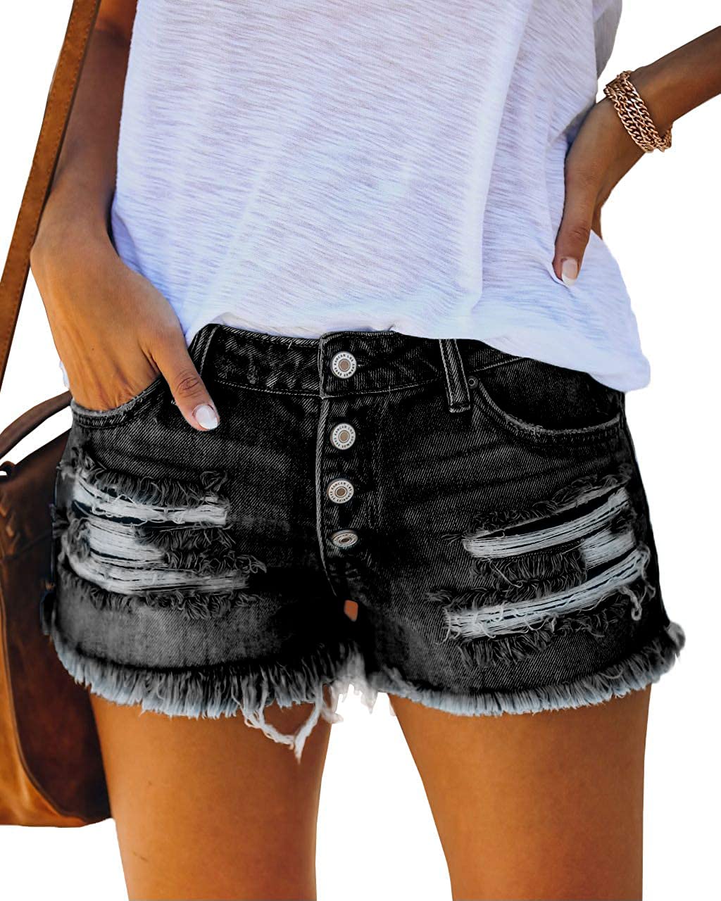MIFOCAL Women's Ripped Denim Jean Shorts Mid Rise Summer Hot Raw Hem Casual Shorts