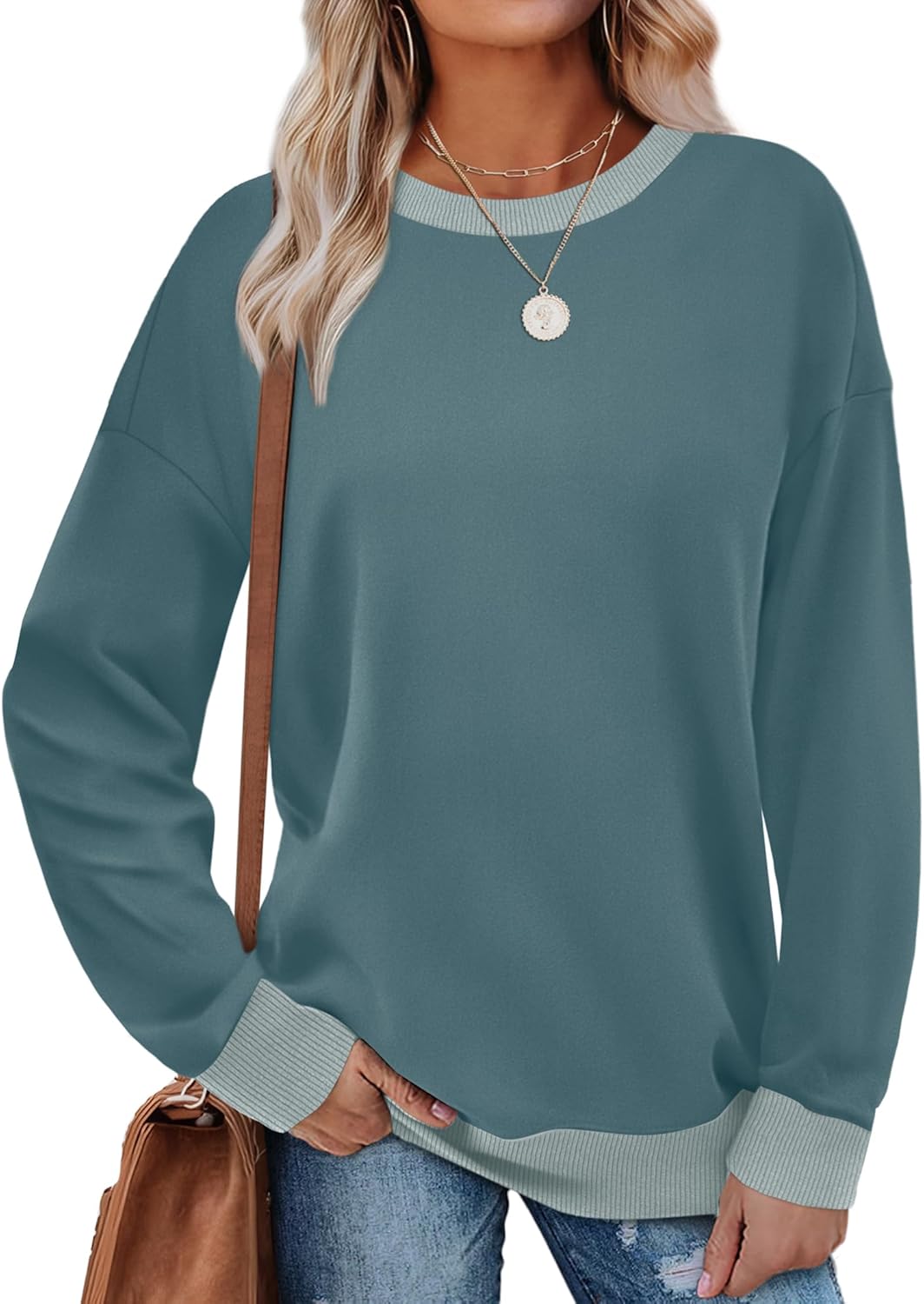 Saloogoe Sweatshirts for Women Crewneck Long Sleeve Loose Fit Tops Color Block Ribbed Trim Fashion 2025-12