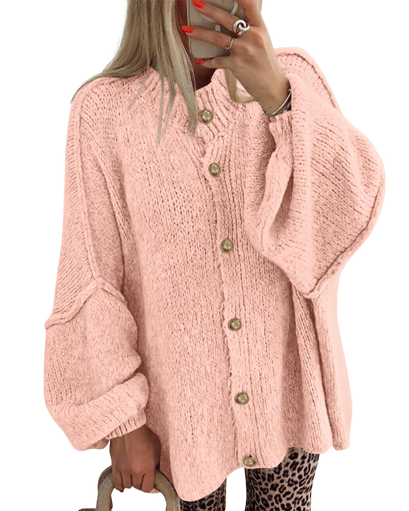 BTFBM Cardigan Sweaters for Women 2026 Fall Clothes Lantern Long Sleeve Button Open Front Chunky Knit Oversized Sweater-36