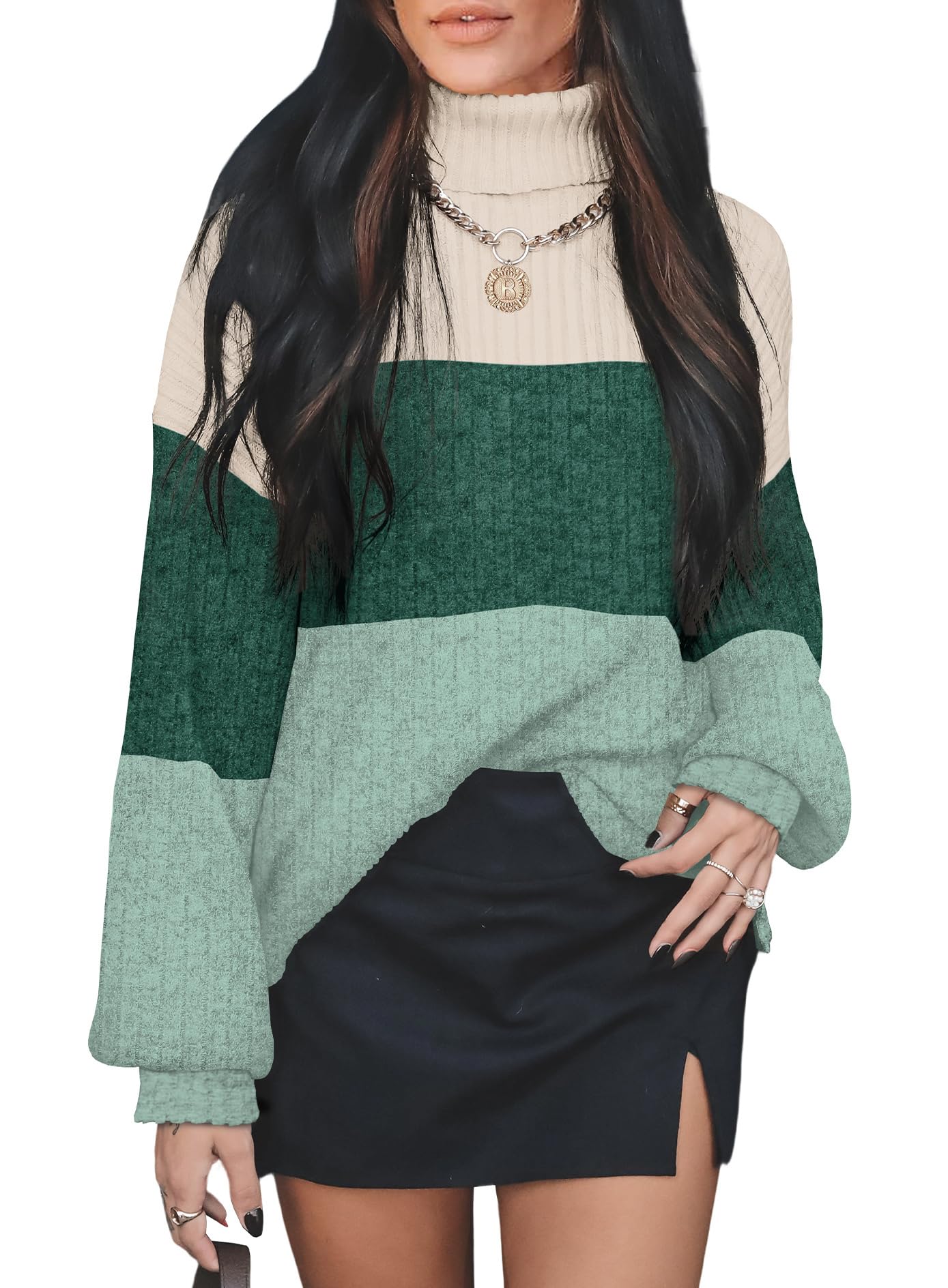 OFEEFAN Turtlenecks Tops for Women Oversized Sweaters Fall Outfits 2025 Plus Size Clothes Long Sleeve Shirts Color Block-39