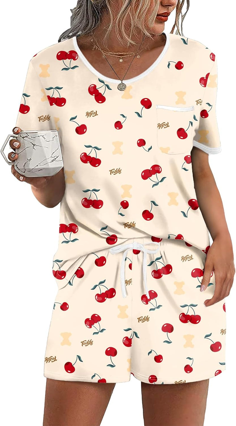 Ekouaer Pajama Set for Women 2 Piece Lounge Set Short Sleeve Tops and Shorts Soft Sleepwear, Chest Pocket-22