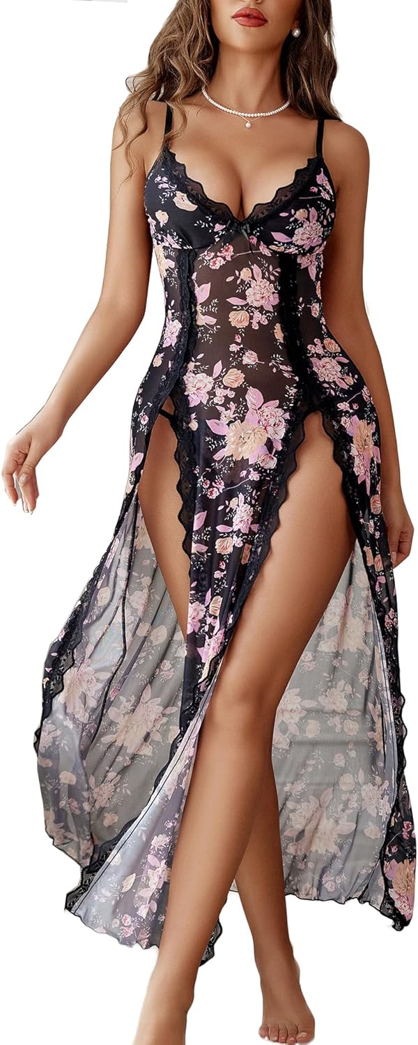 Avidlove Women Lingerie Lace Babydoll Chemise Sexy Mesh Nightdress V Neck Nightwear Side Split Nightgown-34