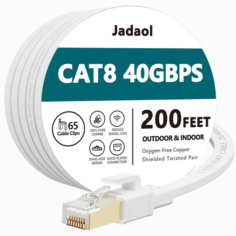 Jadaol Cat8 Ethernet Cable 100ft 40Gbps 2000MHz Flat S/FTP LAN Cable White