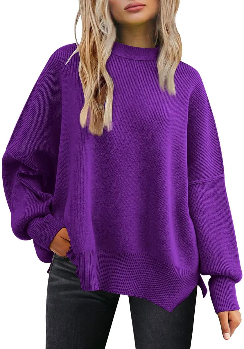 LILLUSORY Women's Oversized Batwing Sweaters 2025 Fall Outfits Trendy Crewneck Knit Side Slit Fashion Pullover Tops-48
