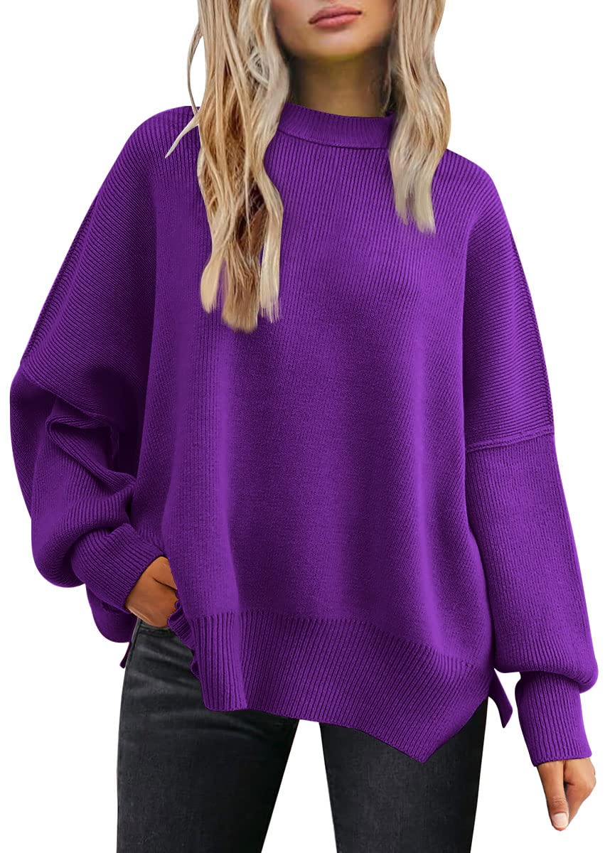 LILLUSORY Women's Oversized Batwing Sweaters 2025 Fall Outfits Trendy Crewneck Knit Side Slit Fashion Pullover Tops-97