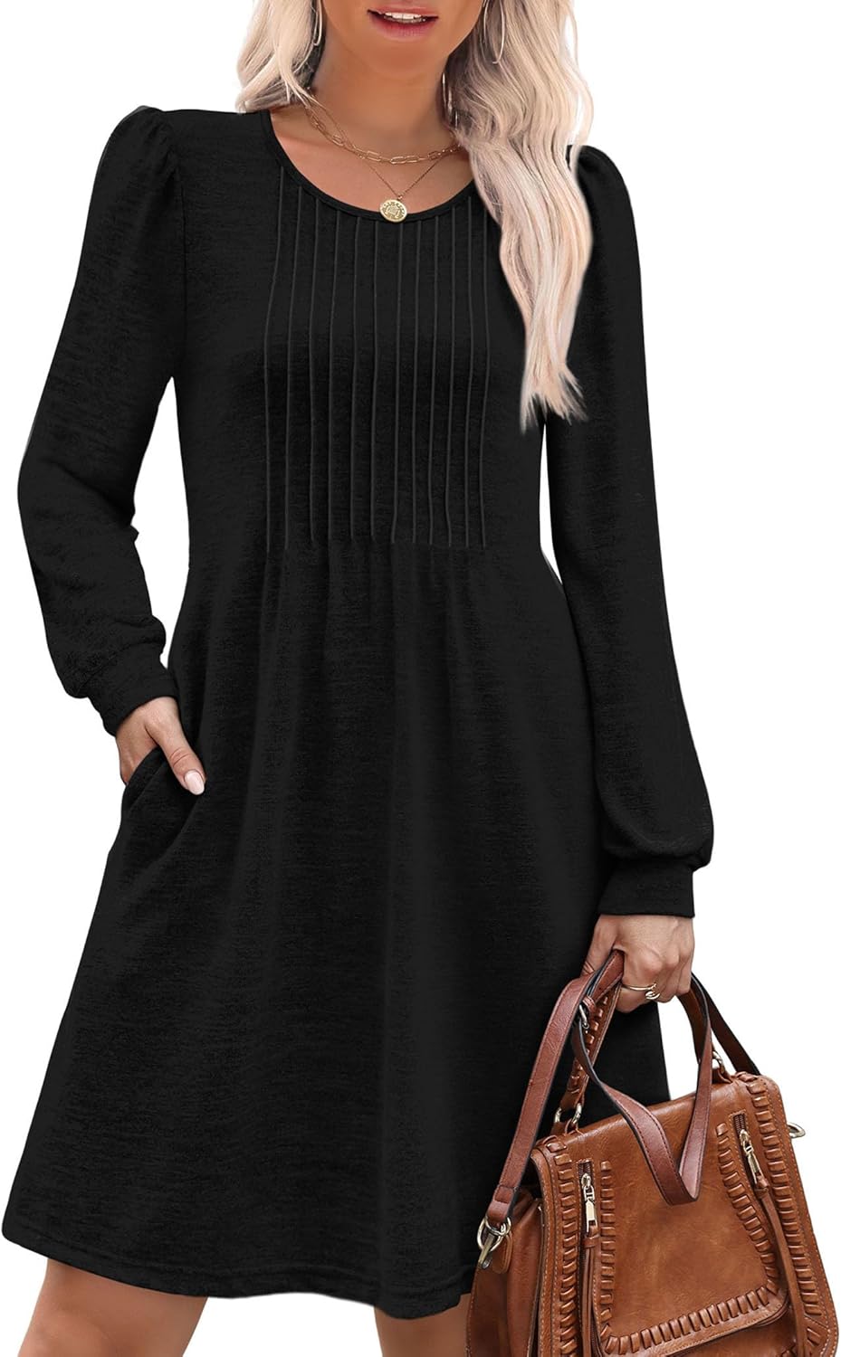OFEEFAN Long Sleeve Dress for Women Pleated Crew Neck Casual Babydoll Sweater Dress with Pockets Fall Outfits Fashion-11