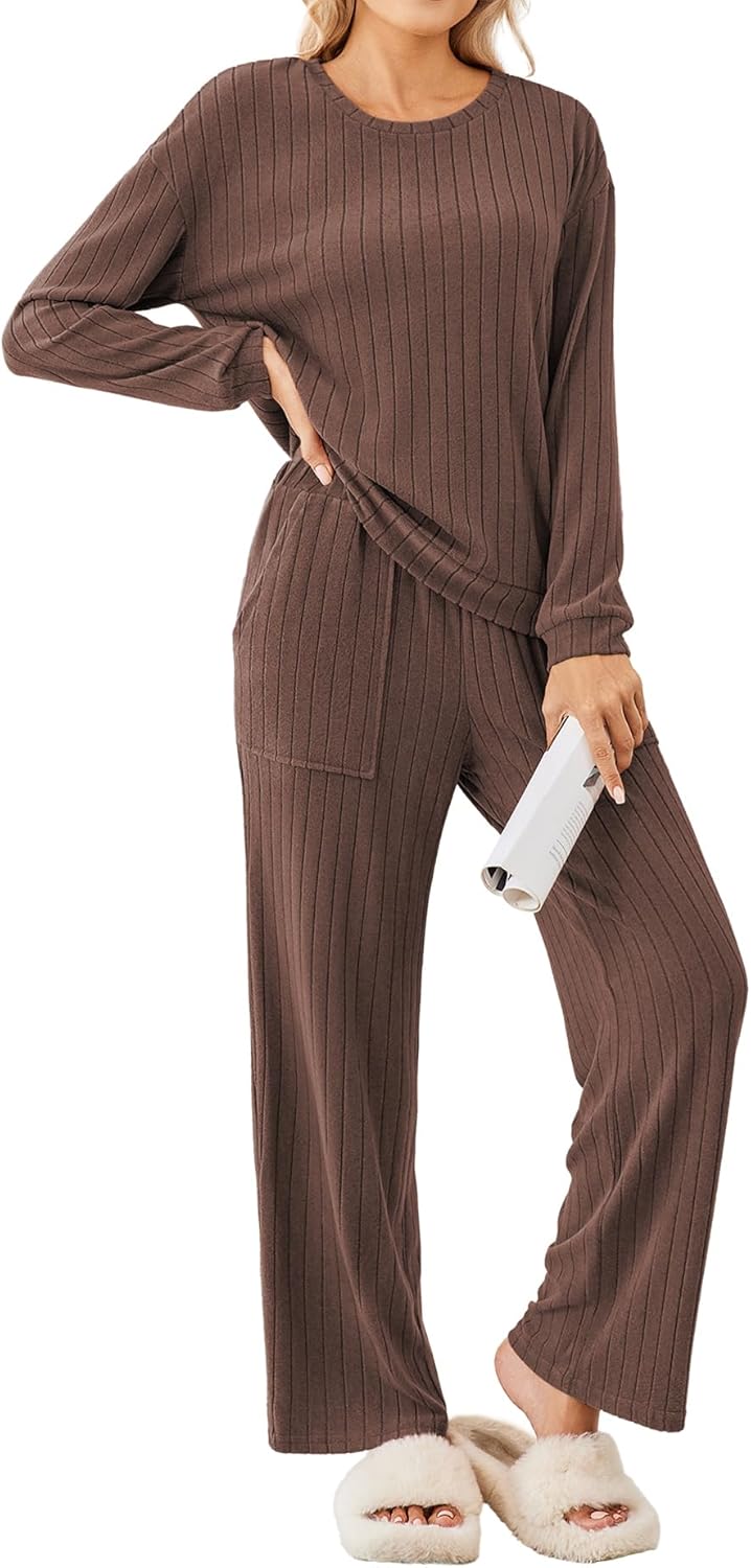 Ekouaer Lounge Sets for Women Ribbed Knit Pajama Sets 2 Piece Long Sleeve Pjs Soft Loungewear Outfits with Pockets-11
