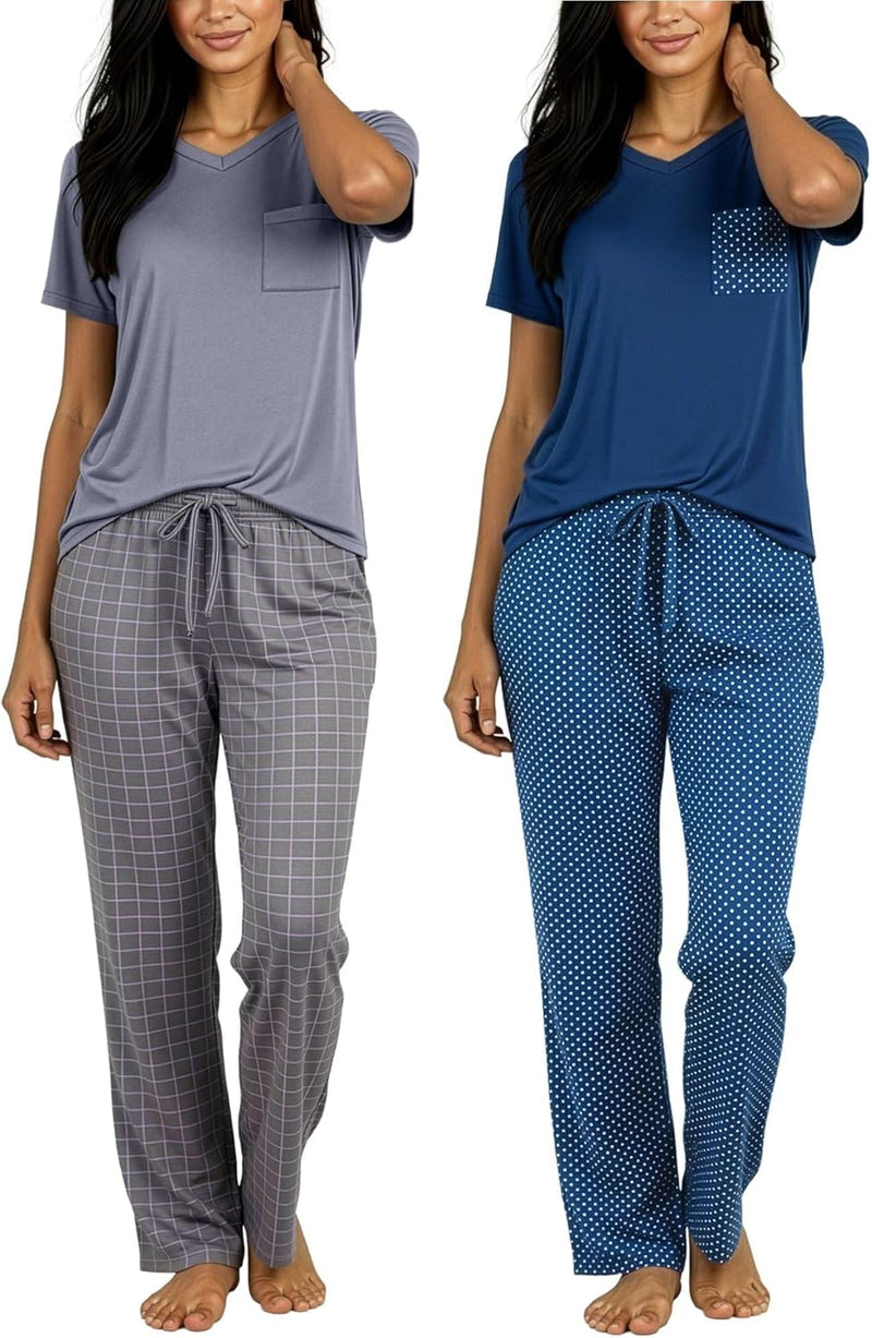 Real Essentials 2 Pack: Women's Comfy Pajama Sets - Short & Long Sleeve Ladies Loungewear Sleepwear PJs (Available In Plus)-91