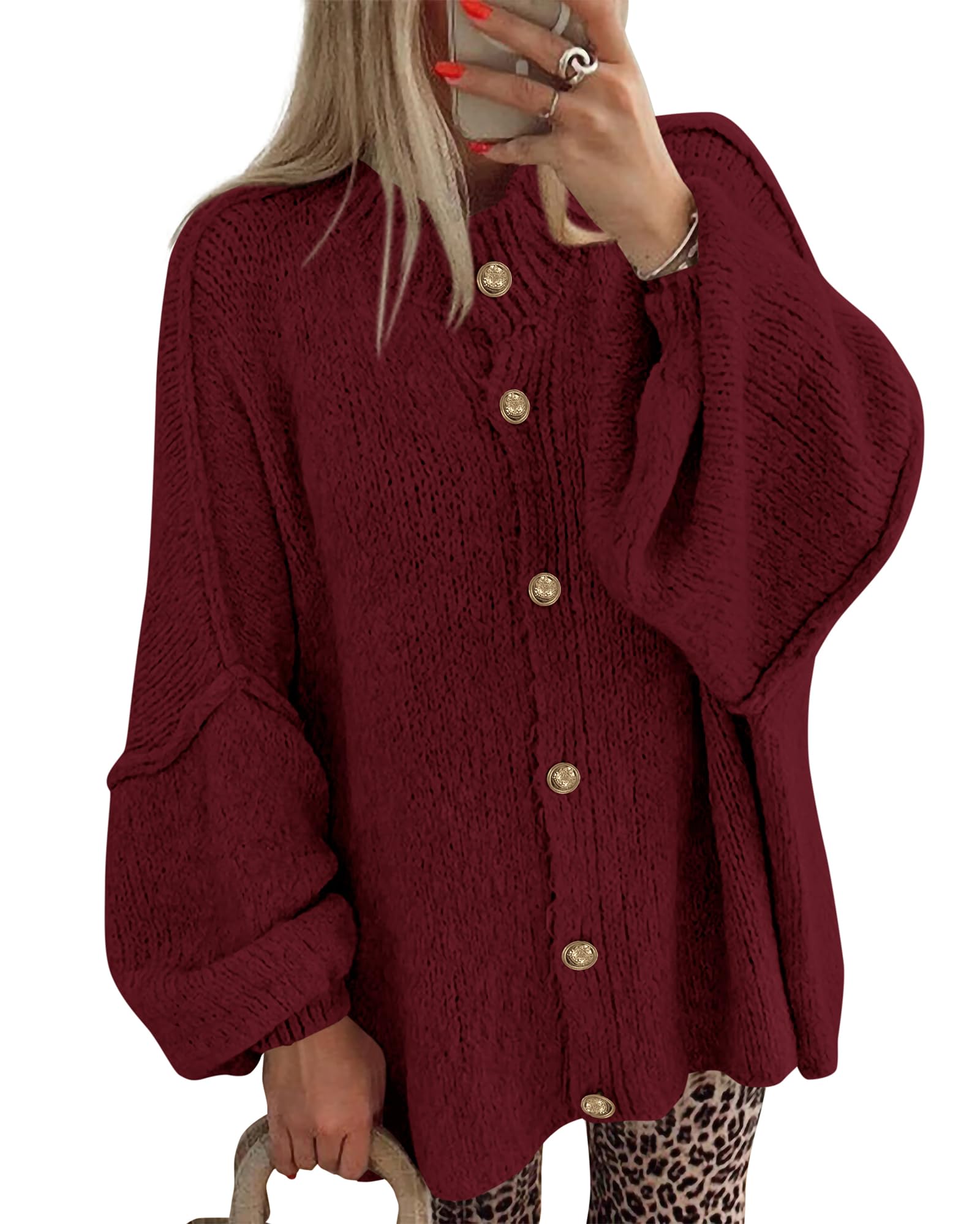 BTFBM Cardigan Sweaters for Women 2026 Fall Clothes Lantern Long Sleeve Button Open Front Chunky Knit Oversized Sweater