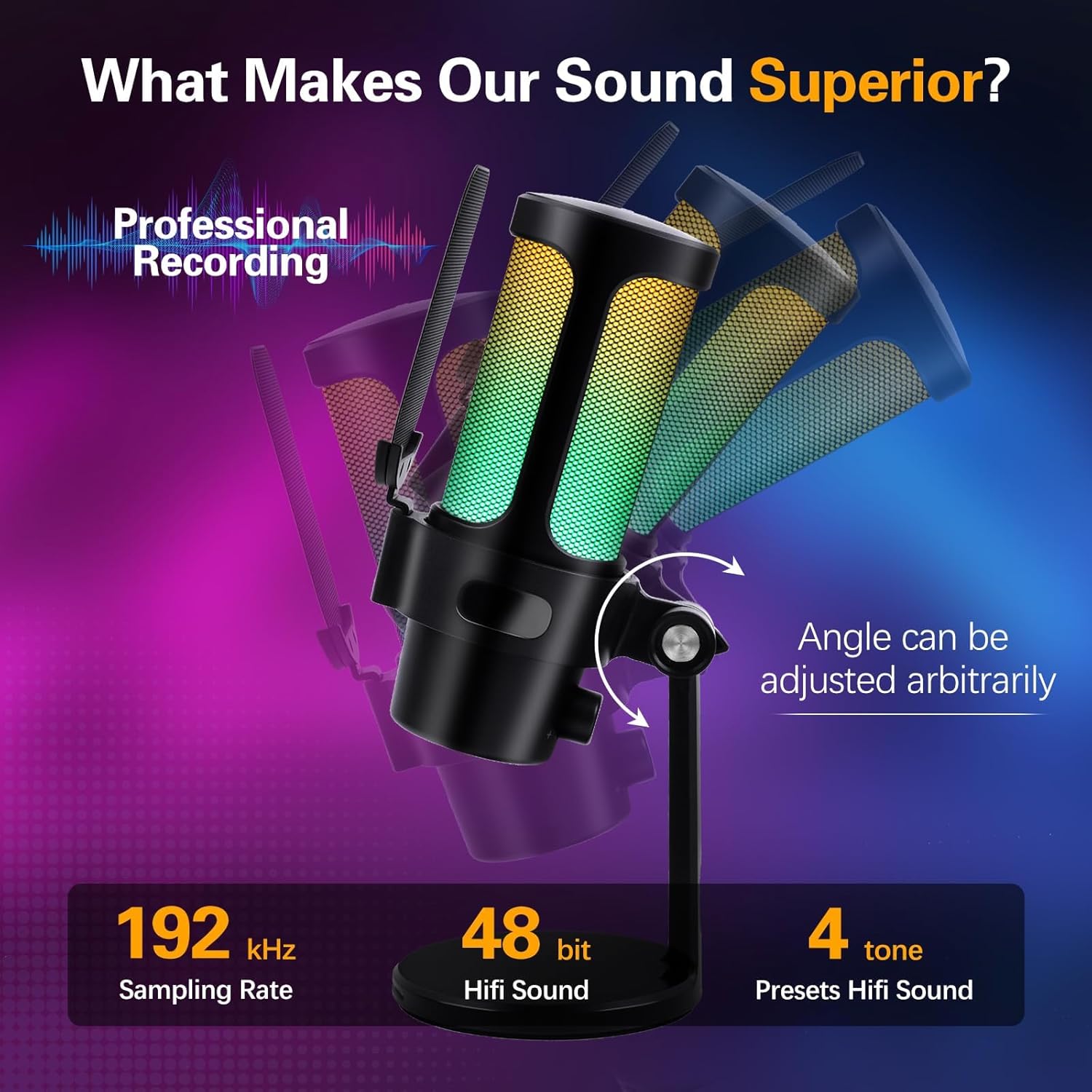 VCOM Gaming USB Microphone, Condenser Dynamic Mic for Podcasting, Streaming, with Quick Mute, Desktop Stand, Pop Filter, RGB Indicator, Shock Mount, Rotate gain Button, Compatible with PS4/5/PC