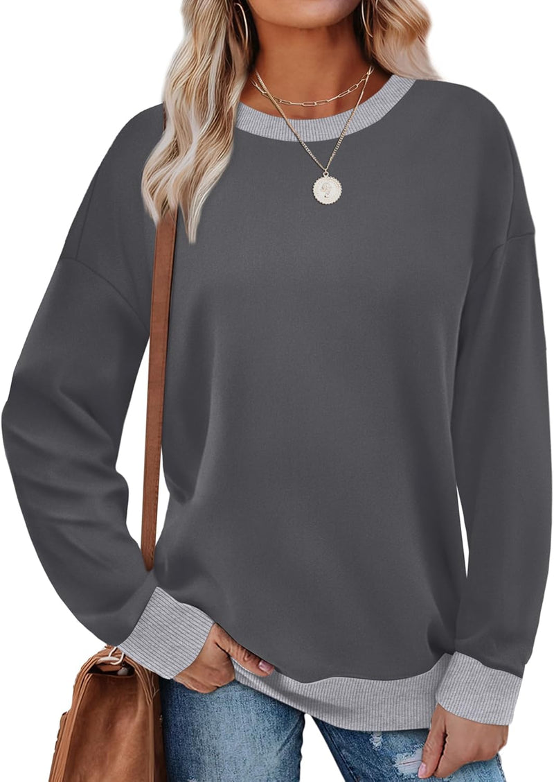 Saloogoe Sweatshirts for Women Crewneck Long Sleeve Loose Fit Tops Color Block Ribbed Trim Fashion 2025-71