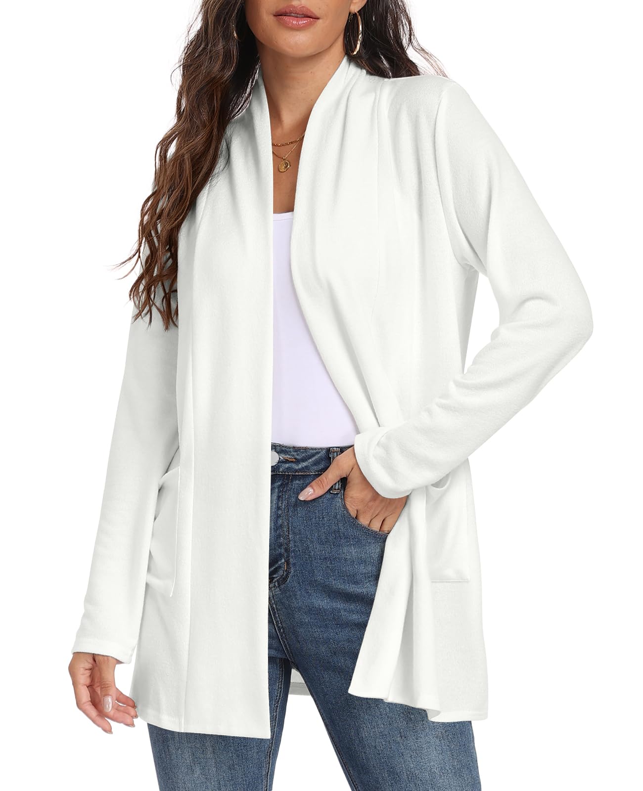 Womens Long Sleeve Lightweight Cardigan Open Front Casual Draped Cardigans with Pockets-17