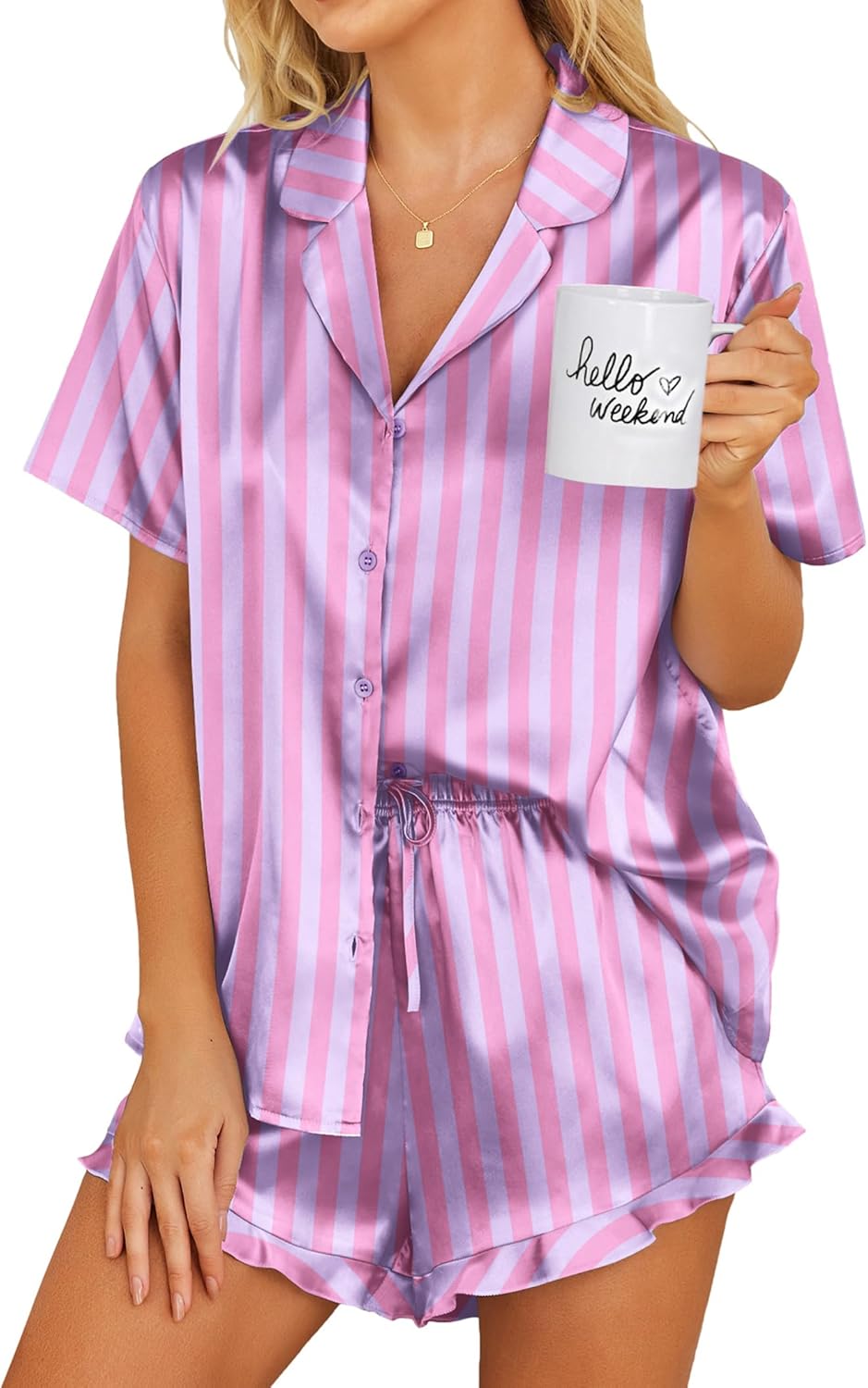 Ekouaer Womens Satin Pajamas Set Button Down 2 Piece Silk Pjs Shorts Set Ruffle Lingerie Notch Collar Sleepwear-39