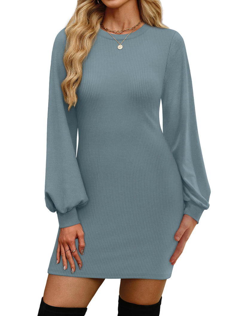 OFEEFAN Sweater Dresses for Women 2025 Fall Winter Puff Long Sleeve Crewneck Bodycon Fleece Ribbed Pullover Fashion Clothing-11