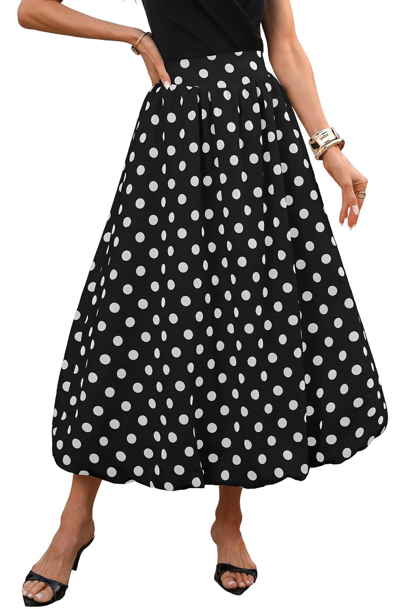 ELLEVEN Women's Bubble Maxi Skirt, Elastic Waist Puffy Hem A-Line Skirt with Pockets